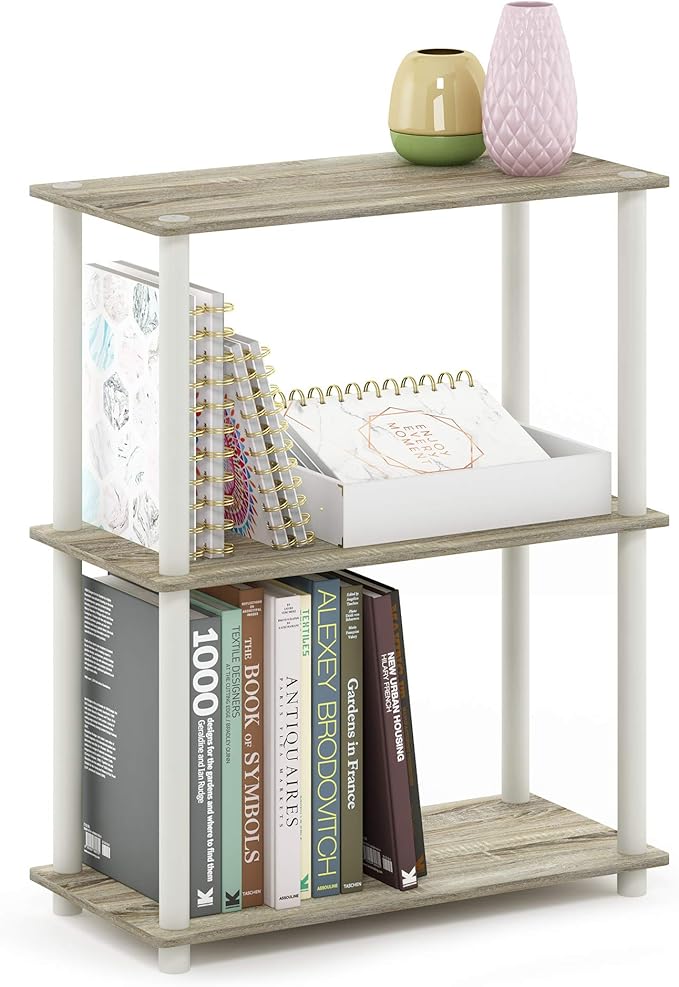 Furinno TURN-N-TUBE Storage Shelves, 3-Tier Book Shelf, Corner Shelf, Toolless Open Shelves, for Organization and Storage, Living Room, Garage, Home Office, Sonoma Oak