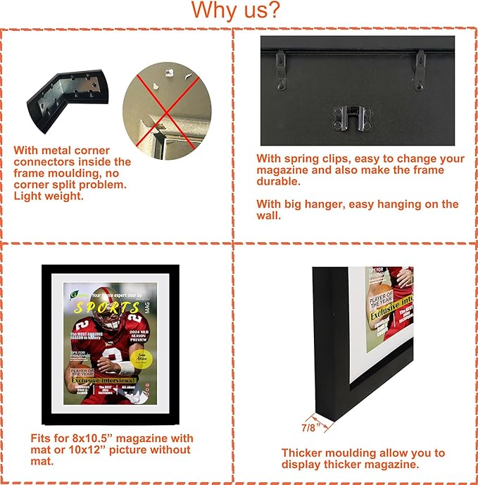 Goldfinch 2 Packs Sports Magazine Frames Displays Magazines Measuring 8 x 10.5 inches with White Core Matting,Suitable for 1994-Current Collector's Edition Sports Magazines with Installed Hangers