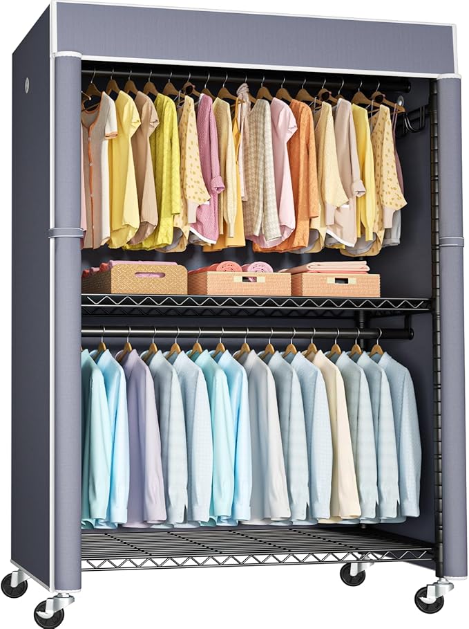 FUTASSI Black Clothing Rack with Grey Cover, P1C Plus Rolling Closets with Wheels, Metal Garment Rack for Hanging Clothes, Clothing Storage Wardrobe, 46" W x 18.5" D x 80.7" H, Load 524 Pounds