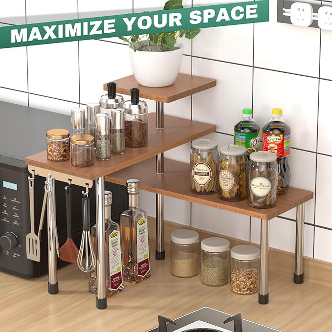ZHWS Bathroom Counter Organizer Corner Countertop Shelf Adjustable 3 Tier Corner Shelf Kitchen Counter Organizer with 4 Metal Hooks for Bathroom Counter, Makeups, Dresser Table, Over Sink