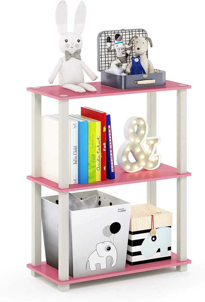 Furinno TURN-S-TUBE Storage Shelves, 3-Tier Book Shelf, Corner Shelf, Toolless Open Shelves, for Organization and Storage, Living Room, Garage, Home Office, Pink
