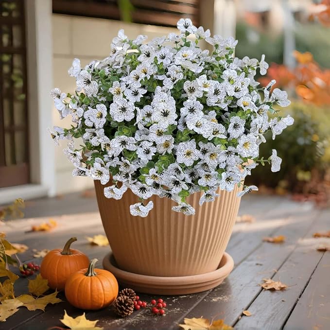Artificial Flowers Outdoors UV Resistant Fake Plants, 12 Bundles Silk Daisy in Pots for Porch Patio Garden, Faux Potted Home Decor for Outside (White)