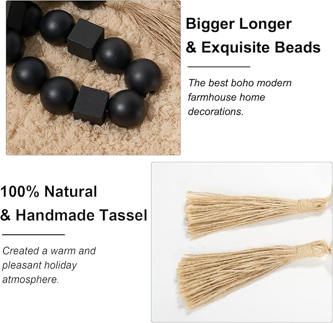 OMISHE Black Extra Large Wood Bead Garland with 1.6" Diameter Wooden Beads and Tassels, 41.5" Long Rustic Farmhouse Country Boho Decorative Beads for Home Decor Tiered Tray Decor