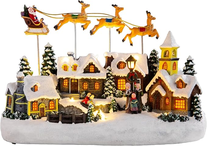 WONDER GARDEN Christmas Village Houses-Christmas Houses Village - Lighted Town Sets Colorful Musical Collectible Buildings with Elks Pulls Santa in Sleigh for Home Indoor Decor or Gift
