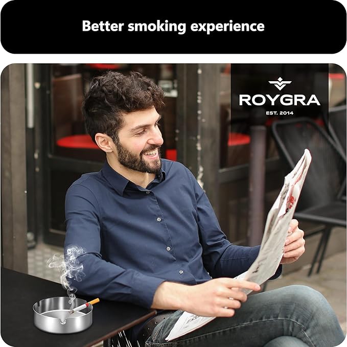 roygra Ash Tray (2 Pack), Outdoor Ashtray for Outside Patio, Stainless Steel Ashtrays for Cigarettes with 3 Holder, Smoking Accessories, Home Décor, Ashtrays for Smokers Indoor - Silver, Medium