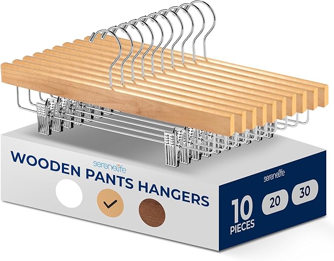 SereneLife 10 Pack Skirt and Pant Hanger with Adjustable Non-Slip Steel Clips, Premium Wooden, 360° Swivel Hook & 10 lb Capacity – Space-Saving Heavy-Duty Hangers for Jeans, Shorts & Slacks (Natural)