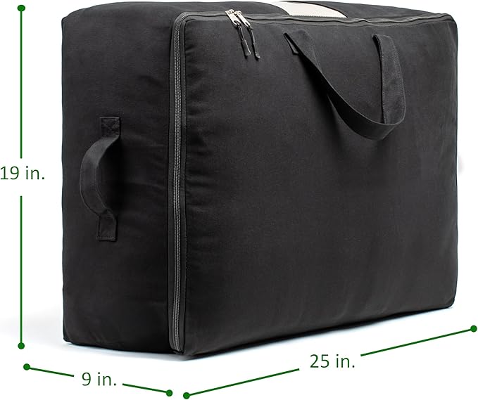 Soft Canvas Storage Bags with Zipper. Thick Breathable, 2pc King/Queen Comforter Organizer. Four Carrying Handles and Window. Large 25x19x9in Bag for Sheets Blankets Bedding Pillows, Clothes (Black)