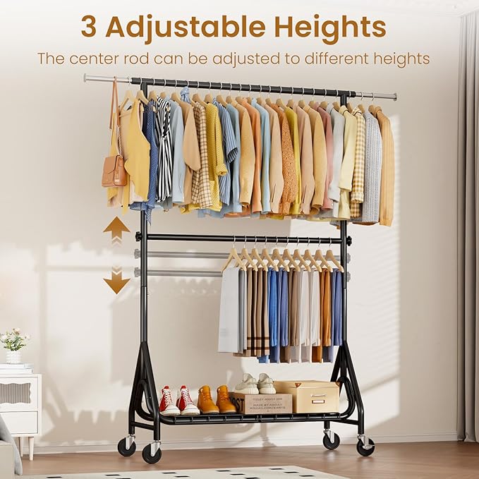 Double Rods Clothing Rack, Heavy Duty Clothes Rack for Hanging Clothes Load 560LBS, Metal Rolling Garment Racks with Wheels, Freestanding Clothes Hanging Racks, Black