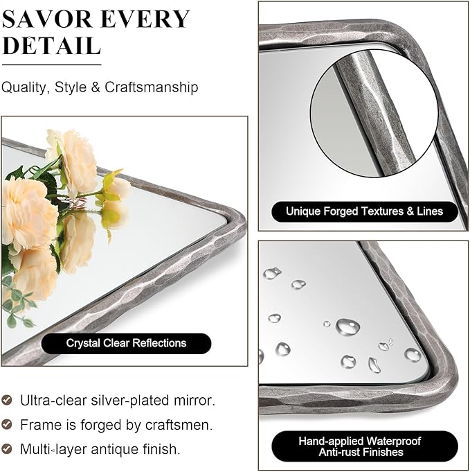 ANDY STAR Hand-Forged Silver Bathroom Mirrors for Wall, 22x30 Inch Vintage Solid Steel Metal Frame Bathroom Vanity Mirror, Antique Rounded Rectangle Wall Mirror, Hangs Horizontally or Vertically