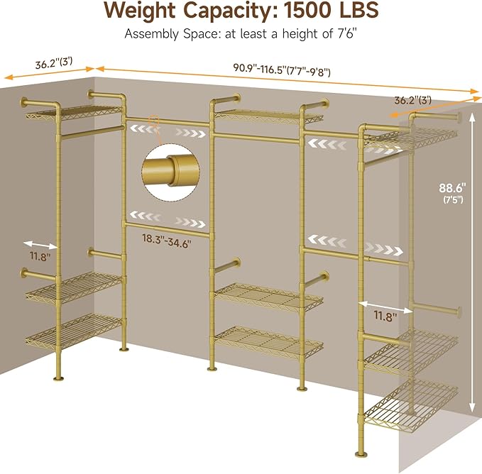 U5 Wall Mounted Closet System, Industrial Pipe Clothing Rack Garment Racks for Hanging Clothes, Heavy Duty Closet Organizers System in Wardrobe Closet, Gold