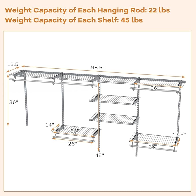 Giantex Closet Organizer System, Wall-mounted Custom Closet Kit w/Adjustable Storage Shelves, Wardrobe Clothes Rack w/Hanging Rods, Perfect for Coats, Pillows, Blanket (Gray, 98.5"x13.5"x48)