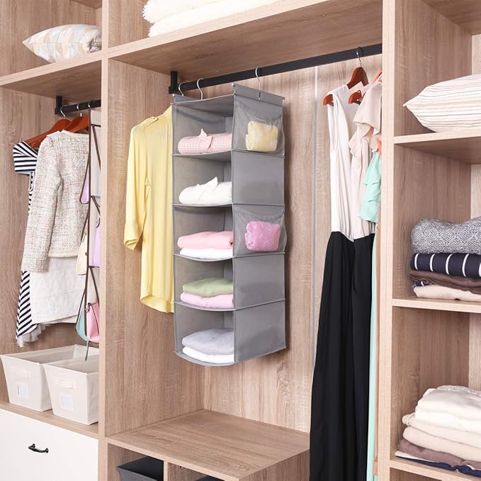 MAX Houser 5 Shelf Hanging Closet Organizer,Space Saver, Closet Hanging Shelves with (4) Side Pockets,Foldable,Light Grey