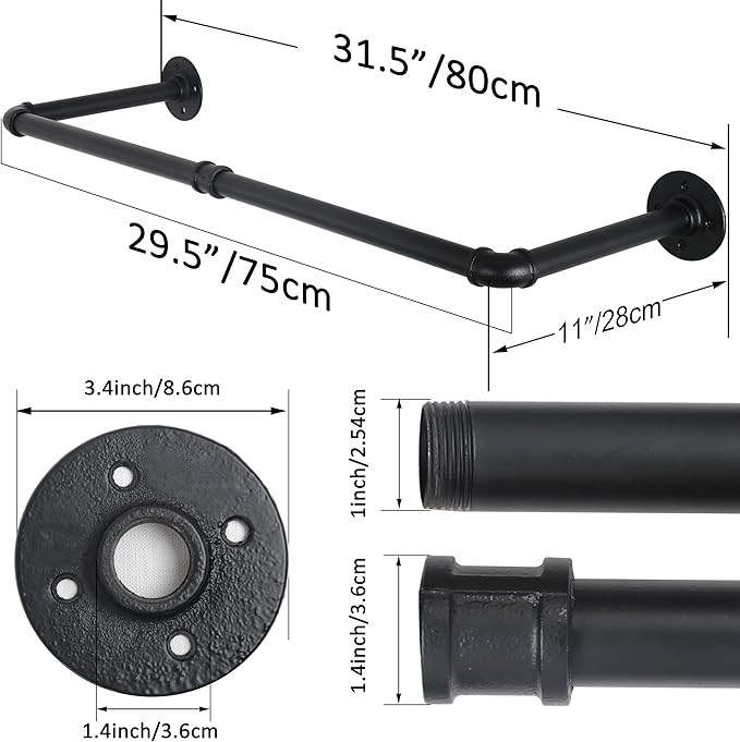 WEBI Clothing Rack Wall Mount,32" Industrial Pipe Clothes Rack for Hanging Clothes,Heavy Duty Iron Garment Rack Bar,Retail Display Clothes Rod for Closet,Laundry Room,Black,2 Packs