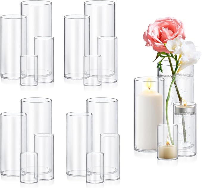16 Pack Glass Cylinder Vases 4,6,8,10 Inch Tall Clear Flower Vase Hurricane Floating Candle Holder for Table Centerpiece Wedding Home Decor