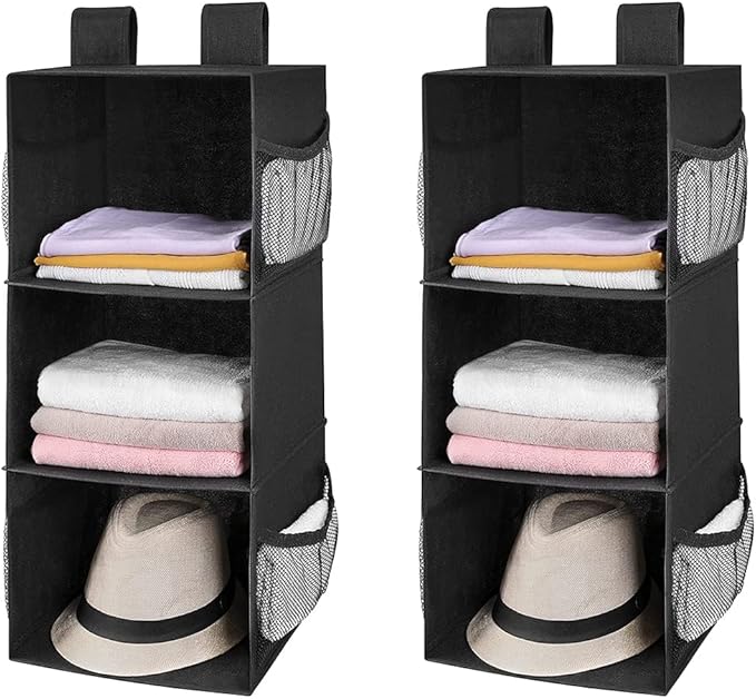MAX Houser 3-Shelf Hanging Closet Organizers, Collapsible Closet Hanging Shelves for Camper, Nursery Hanging Organizers, Black, 2-Pack