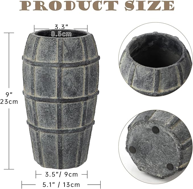Briful Rustic Terracotta Flower Vase for Home Decor – 9" Blue Farmhouse Textured Barrel-Style Ceramic Vase Vintage Handcrafted Gridded Design for Faux & Dried Flowers Living Room Table Centerpiece