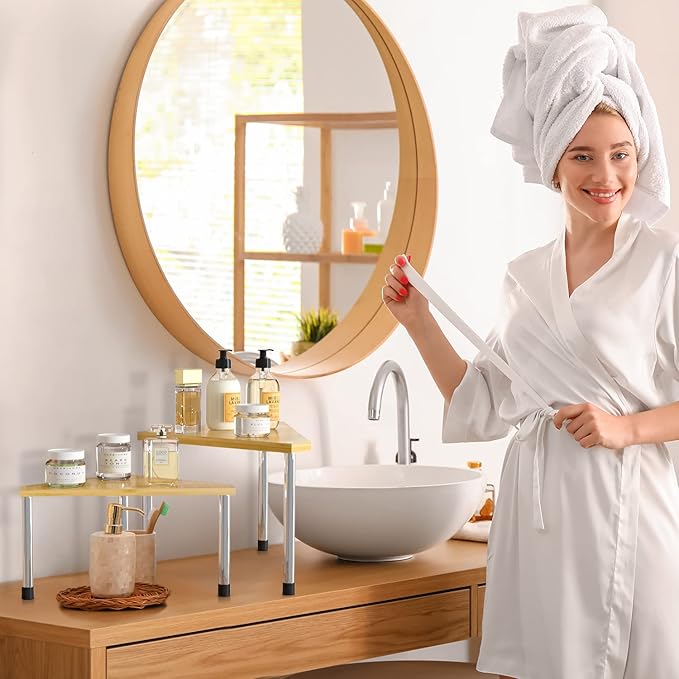 Weenson Bathroom Organizer Countertop Corner Shelf – 2 Tier Bathroom Organization Bamboo Spice Rack Kitchen Countertop Organizer Space Saving Storage Shelves Living Room Office Home Decor