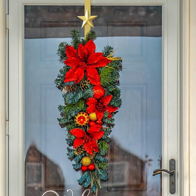 Wreath Hangers for Front Door,15" Sturdy Metal Wreath Doors Hangers,Over The Door Hooks for Front Porch Decor,Garland Hooks Holders for Halloween Christmas Decorations (Gold Star, 2 Pack)
