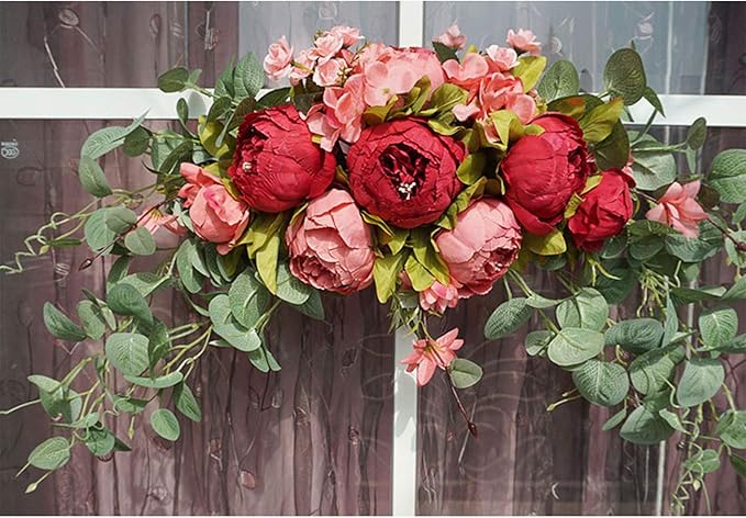 BFYDOAA 30 Inch Wedding Arch Flowers,Decorative Swag Artificial Floral Swag for Lintel, Green Leaves Rose Peony Sunflowers Door Wreath Home Decoration