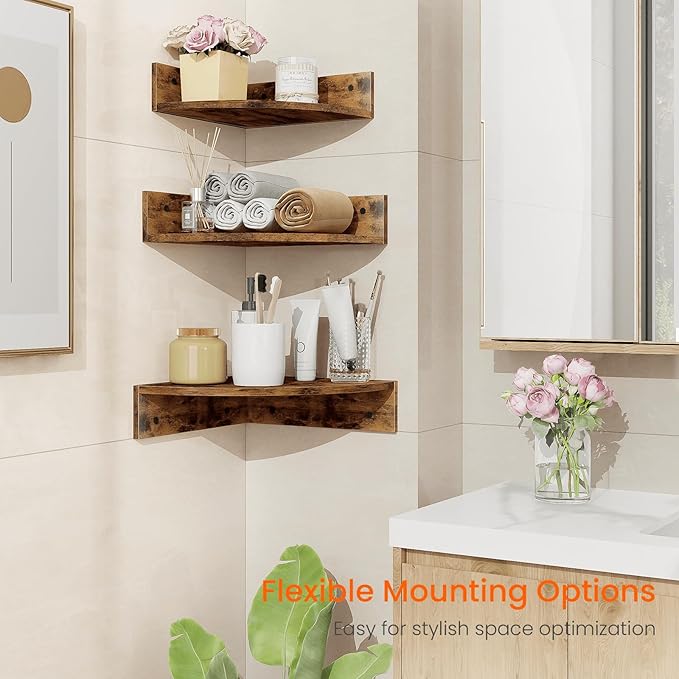Homode Corner Shelf Wall Mount, Set of 3 Floating Corner Shelves with Cord Hole, 3 Tier Wood Wall Display Shelf, Storage for Bathroom Living Room Kitchen Bedroom, Rustic Brown and Black