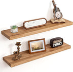 Floating Shelves for Wall Decor, 8" Deep Rustic Solid Elm Wood Floating Shelves Wall Mounted, Wall Shelves with Invisible Bracket for Living Room Bathroom Bedroom Kitchen, 32 Inch Set of 2, Natural