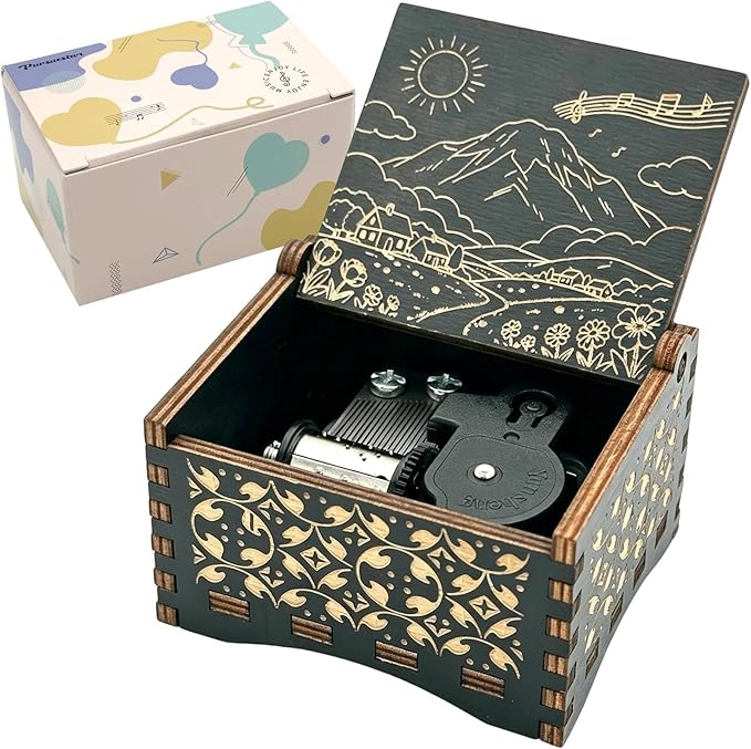 Pursuestar Black Wooden Wind Up Music Box - What a Wonderful World, Vintage Engraved Wood Mechanism Musical Gifts for Anniversary Mother's Day Valentine's Day Christmas Thanksgiving Birthday