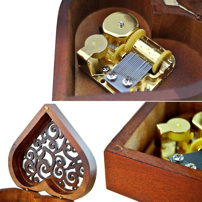 WESTONETEK Heart Shaped Vintage Wood Carved Mechanism Musical Box Wind Up Music Box Gift for Christmas/Birthday/Valentine's Day, Melody Happy Birthday to You