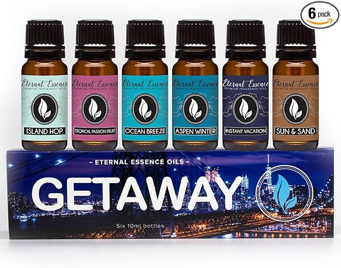 Get Away Gift Set of 6 Premium Grade Fragrance Oils - Island Hop, Ocean Breeze, Tropical Passion Fruit, Aspen Winter, Instant Vacation, Sun & Sand - 10Ml - Scented Oils
