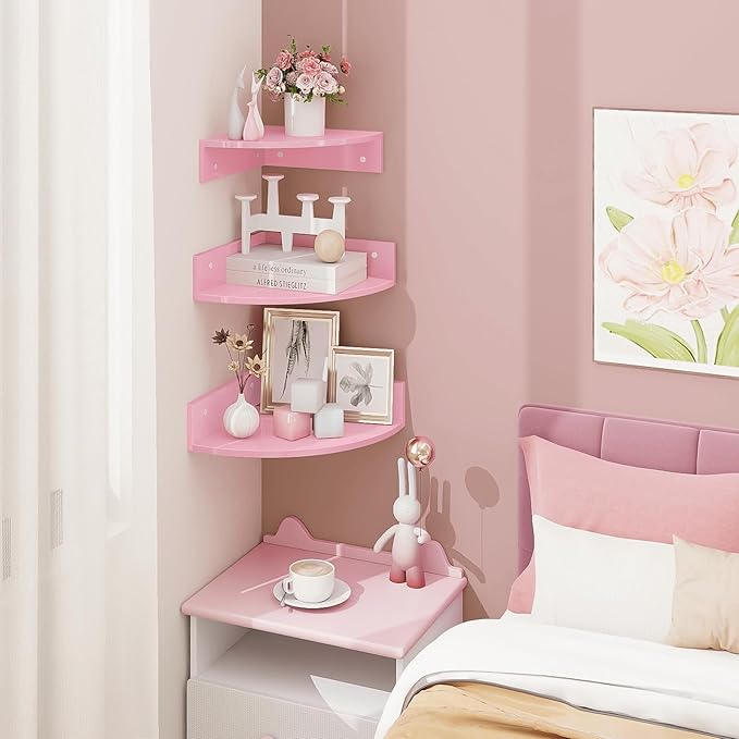 Homode Corner Shelf Wall Mount, Set of 3 Corner Floating Shelves with Cable Hole, 3 Tier Wood Corner Hanging Shelves, Living Room Bedroom Bathroom, Pink