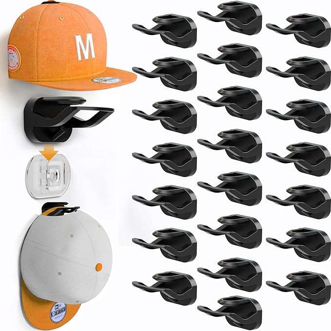 22 Pack Adhesive Hat Hooks for Wall, Removable Hat Rack for Baseball Caps, New Upgrade Wall Hat Holder, Hat Hanger(Black)