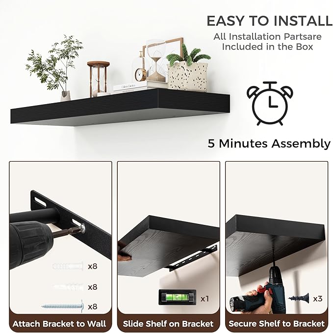 Venusmiles Floating Shelves for Wall, 40" W x 12" D x 2" H, 2 Pack of Long Wall Mounted Engineered Wood Shelves with Invisible Brackets for Living Room, Bedroom, Bathroom, Kitchen Decor, Black