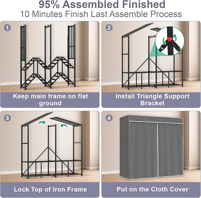 95% Assembled 66" L Clothes Racks for Hanging Clothes, Premium Metal Strong Heavy Duty Clothes Rack with Cover, Portable Foldable Freestanding Garment Rack, Black