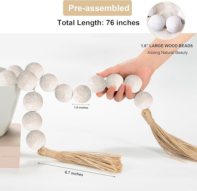 OMISHE 76" Long Extra Large Wood Bead Garland with 1.6" Diameter Wooden Beads and Tassels, Rustic Farmhouse Country Decorative Beads for Home Tiered Tray Decor, Rustic White