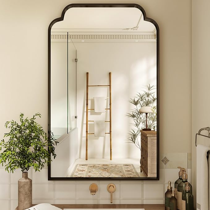 30X48 Inch Black Bathroom Mirror for Wall, Modern Rounded Corner Rectangle Mirror with Non-Rusting Iron Metal Framed Bathroom Vanity Mirror for Over Sink Wall Decor