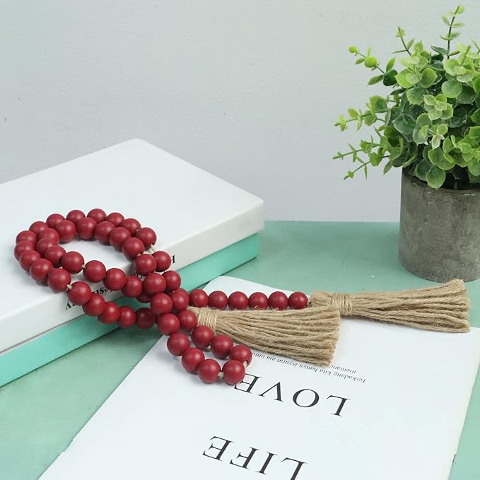 Meplait 39in Wood Bead Garland Farmhouse with Tassels,Versatile Prayer Beads Boho Chic Wall Hanging Home Decor (Burgundy)