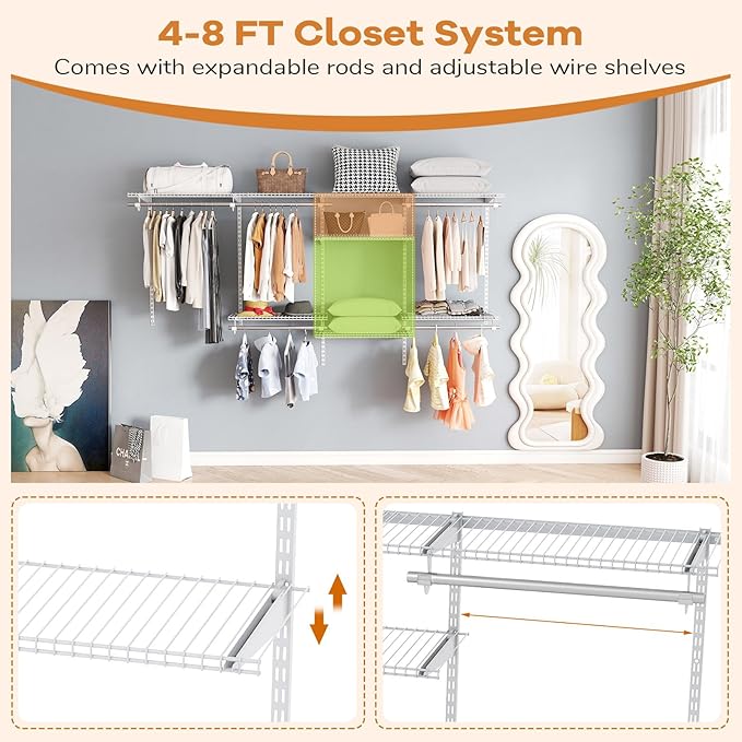Giantex Closet Organizer System, Wall-mounted Custom Closet Kit w/Adjustable Storage Shelves, Wardrobe Clothes Rack w/Hanging Rods, Perfect for Coats, Pillows, Blanket (White, 98.5"x13.5"x48)