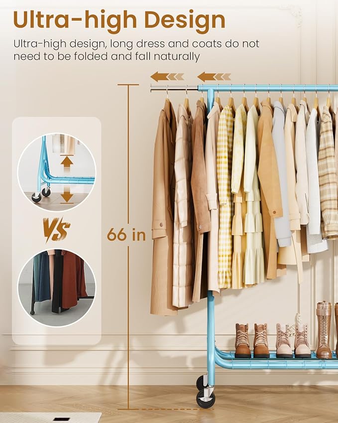 Heavy Duty Clothing Rack, Metal Clothes Rack Load 450 LBS, Rolling Coat Racks for Hanging Clothes with Lockable Wheels, Wardrobe Closet Garment Racks for Bedroom, Sky Blue