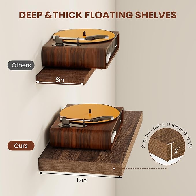Vivelove Wide Floating Shelves for Wall 12 Inch Deep, 30" X 12" X 2" Floating Shelf, 2 Inch Thick Shelf for Living Room Bathroom Bedroom Kitchen Book Room, Rustic Farmhouse Decor Set of 2, Walnut