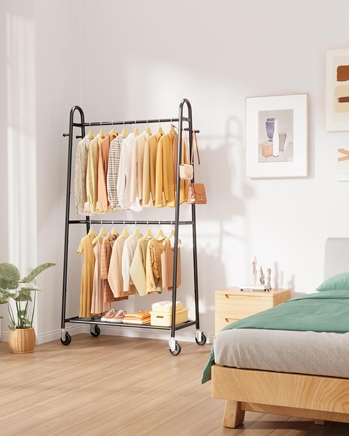 Heavy Duty Clothes Rack, Metal Clothing Rack with Double Hanging Rods, 4 Hooks & Mesh Shelf, Freestanding Garment Rack with Triangular Design for Bedroom Closet, 36.5" x 16.9" x 72.8", Black