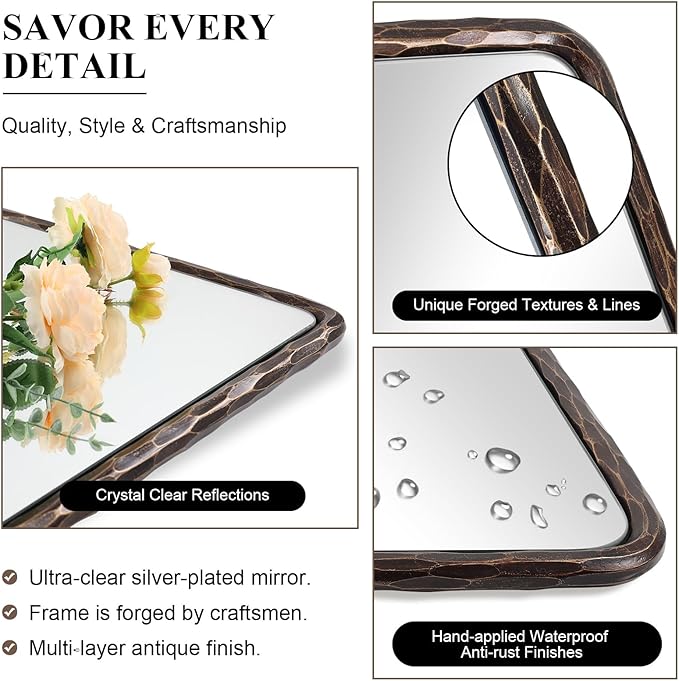 ANDY STAR Hand-Forged Bronze Bathroom Mirrors for Wall, 30x40 Inch Vintage Solid Steel Metal Frame Bathroom Vanity Mirror, Antique Rounded Rectangle Wall Mirror, Hangs Horizontally or Vertically