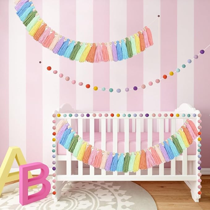 2pcs Longer Boho Tassel Garland, Pom Pom Tassel, Felt Ball Garland,Colorful Wall Hanging Party Decorative Banner Pastel, Home Decoration Wedding Birthday Baby Shower (Longer Rainbow)