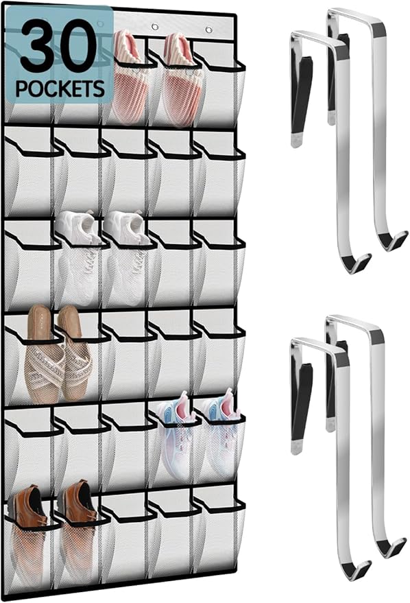 Over the Door Shoe Organizer with 30 Breathable Mesh Pockets - Large Capacity Closet Storage for Men & Women, Hanging Shoe Rack Organizer (White)
