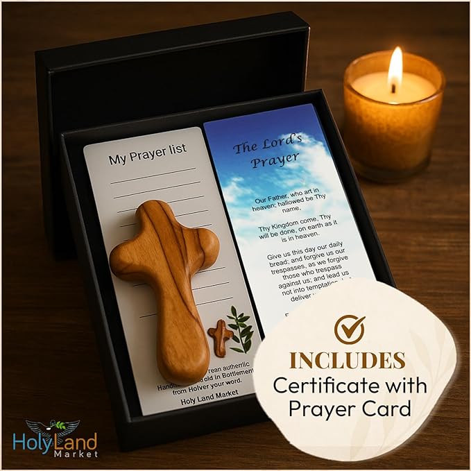 Holy Land Market 5 Olive Wood Crosses From the Holy Land - 2.5 Inch Pocket Palm Crucifix | Handmade Jerusalem, Bethlehem Israel - Gifts by Christians with Certificates -Holy Land Olive Wood Cross x5