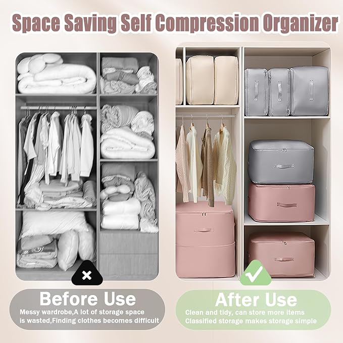Space Saving Self Compression Organizer, 2025 New Ultra Space Saving Self Compression Organizer, Heavy Duty Moving Bags, Storage Tote for Space Saving (Beige, Large)