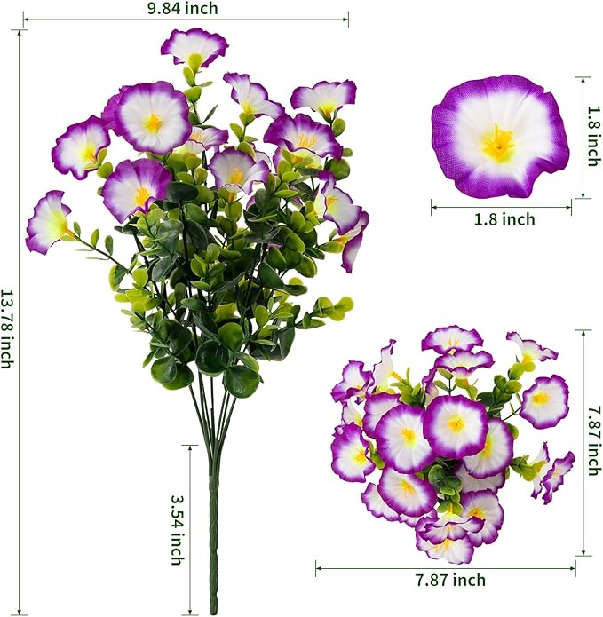 Lnoicy Artificial Flowers for Outdoor 12 Bundles Eucalyptus Fake Flowers for Planter,UV Resistant Fake Morning Glory for Home/Porch/Garden Decoration（Purple/White）