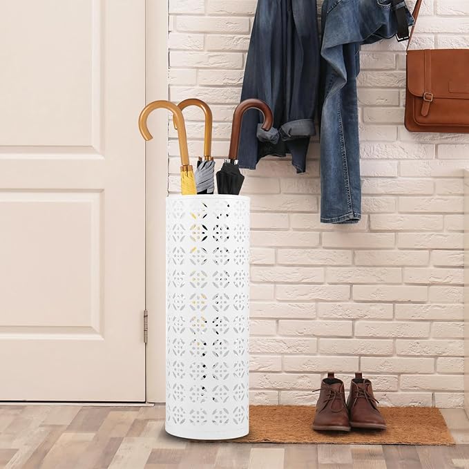 Metal Umbrella Stand - Round Storage Rack and Freestanding Organizer Bin for Home, Office, Hotel Entryway - 5.916.5" (White)