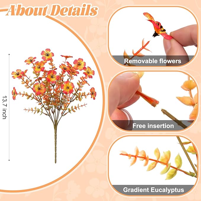 Fall Mums Artificial Flowers for Outdoors Potted, Fake Fall Daisy Flower with Realistic Eucalyptus Leaves, Fake Plants for Greenery Boxwood Porch Patio Garden Pot Courtyard Lawn, 12 Bundles