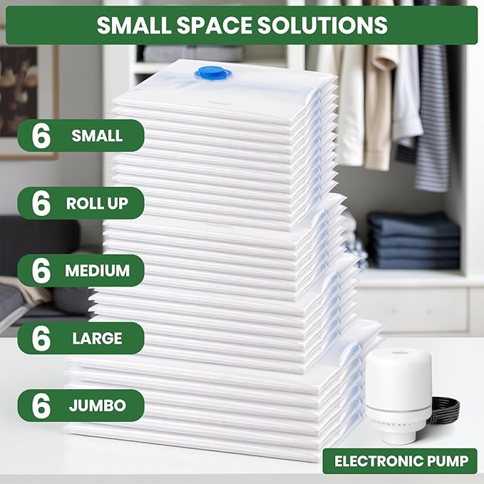 Vacuum Storage Bags,30Pack Vacuum Seal Bags with Electric Air Pump,Vacuumm Seal Bag for Clothing,Travel,Clothes,Comforters,Blankets,Pillows-6 Jumbo+6 Large+6 Medium+6 Small+6 Roll Up Space Saving Bag