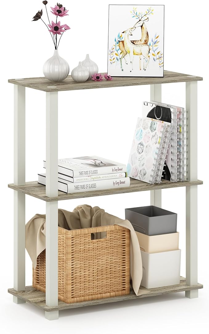 Furinno TURN-S-TUBE Storage Shelves, 3-Tier Book Shelf, Corner Shelf, Toolless Open Shelves, for Organization and Storage, Living Room, Garage, Home Office, Sonoma Oak