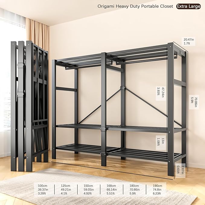 Heavy Duty Portable Closet with Cover Magnetic Doors, Metal Rolling Clothes Rack Heavy Duty 1500LBS, Foldable Clothing Rack, Garment Racks for Bedroom/ LivingRoom/ Rental (KT Off-white, 66.14in)